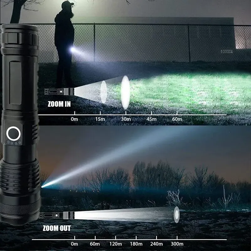كشاف LED قوي قابل للشحن مع زووم وإضاءة بعيدة