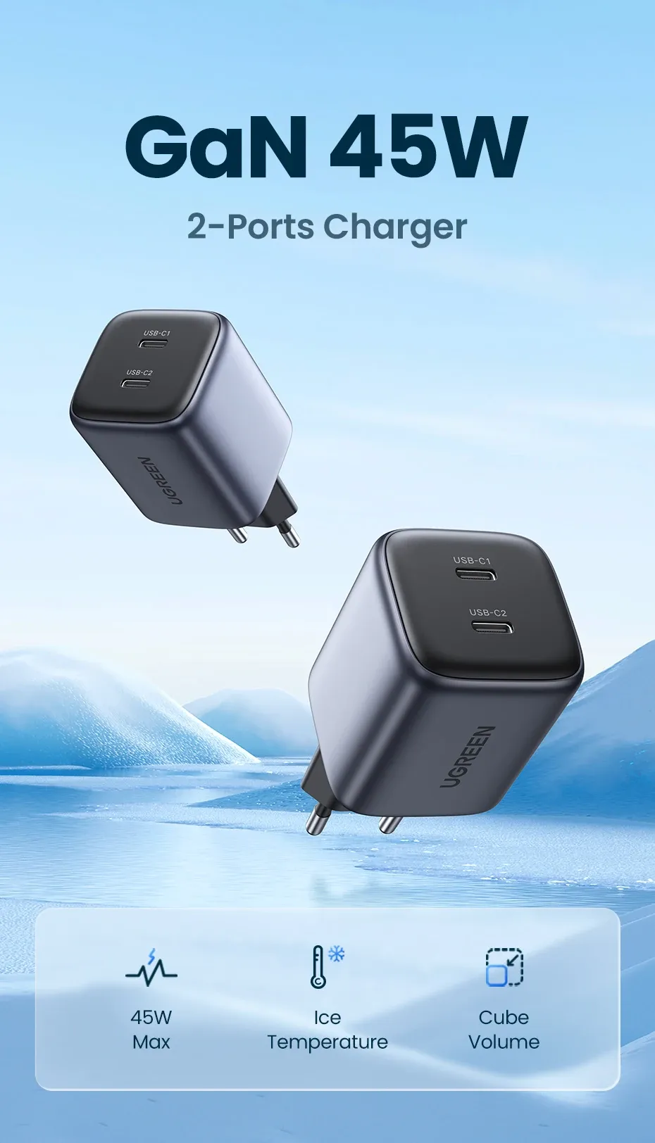شاحن UGREEN GaN 45 واط ثنائي المنافذ للسفر