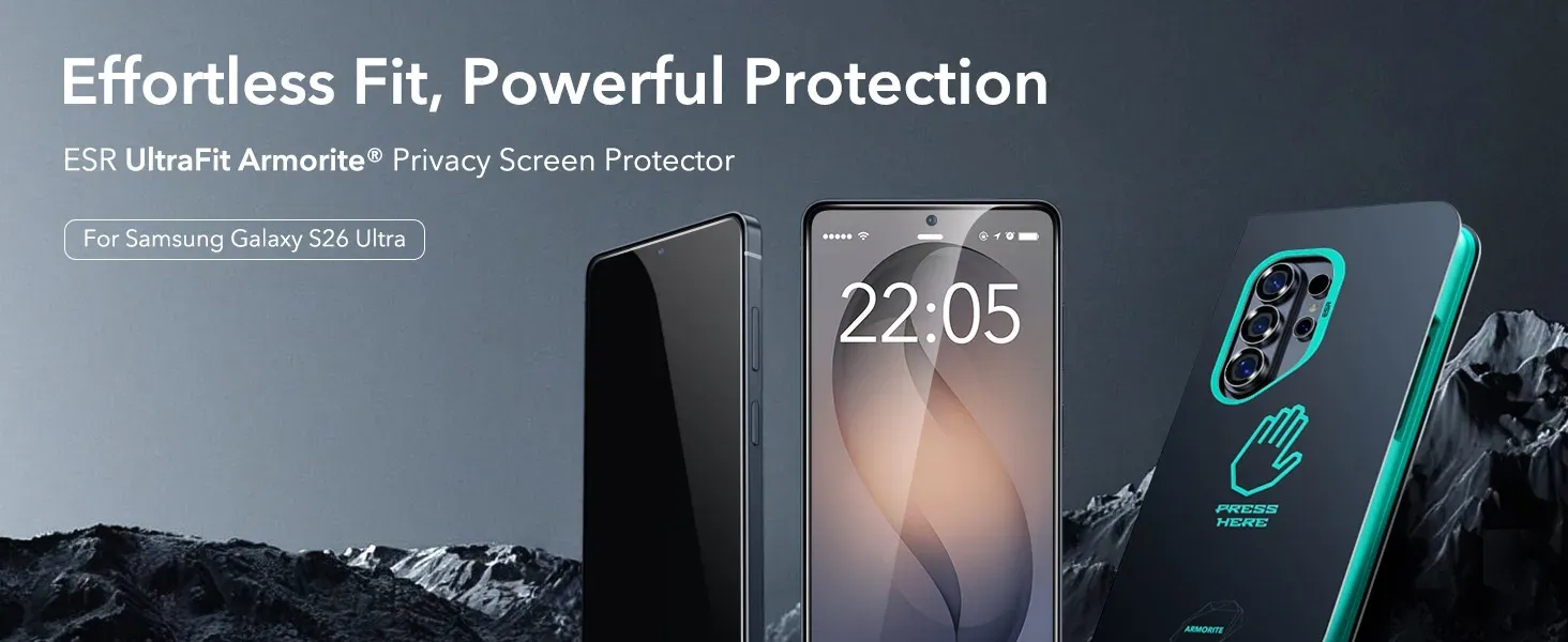 واقي شاشة زجاجي ESR ثلاثي لهاتف Galaxy S26 Ultra مع تركيب تلقائي ومقاومة انعكاس