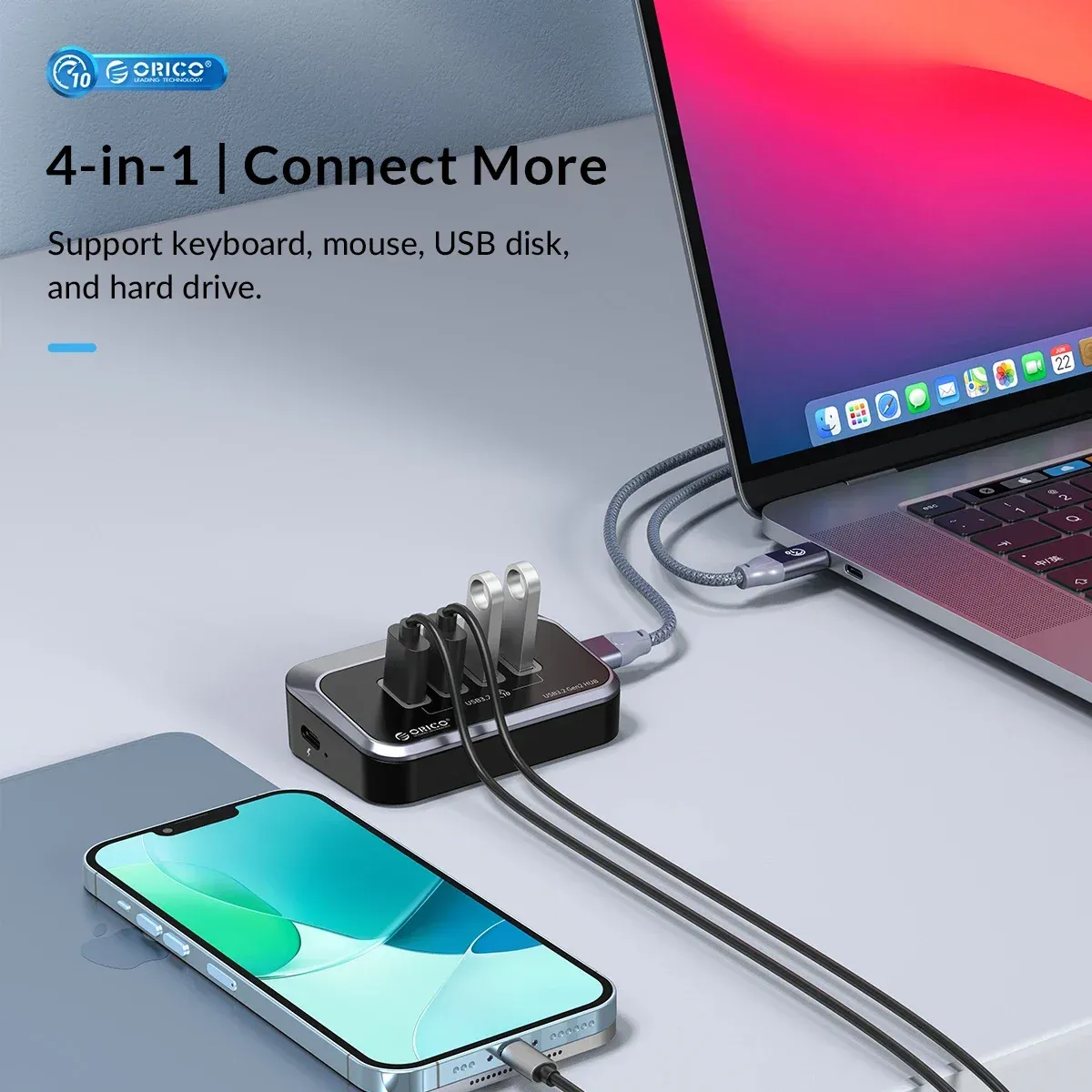 موزّع ORICO USB-C عالي السرعة 10 جيجابت مع تغذية طاقة