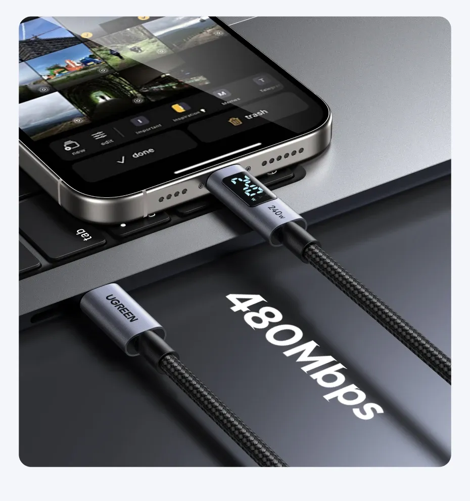 كابل يوغرين USB-C إلى USB-C بقدرة 240 واط مع شاشة رقمية
