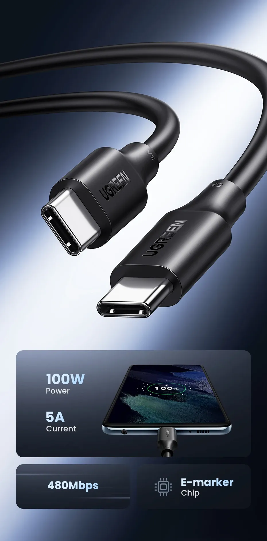 كابل UGREEN USB-C إلى USB-C للشحن السريع 100 واط