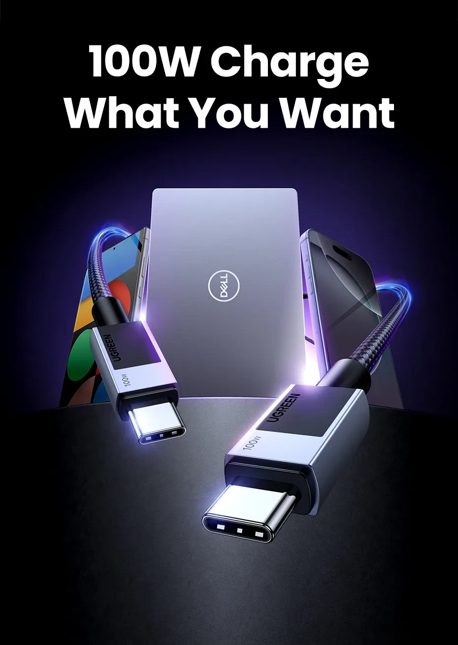 كابل يوغرين USB-C مزدوج PD 100 واط للشحن السريع والبيانات