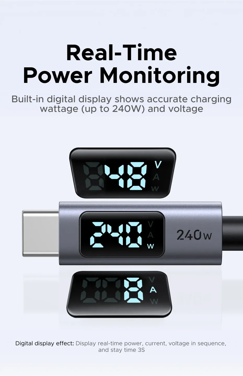 كابل شحن يوغرين USB-C إلى USB-C بشاشة رقمية 240 واط