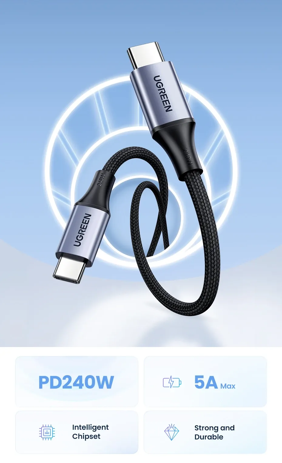 كابل شحن UGREEN ‏USB-C‏ إلى ‏USB-C‏ بقدرة 240 واط للشحن السريع