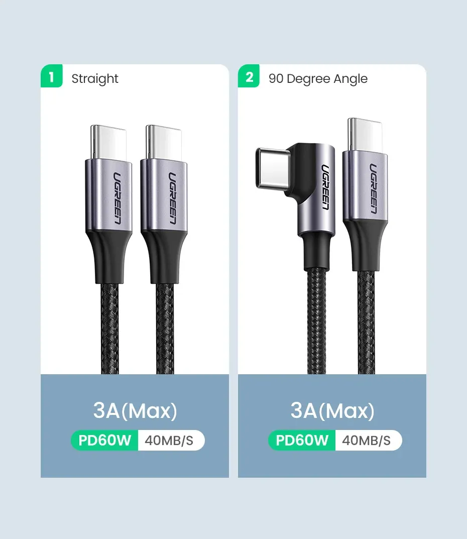 كابل UGREEN USB-C إلى USB-C مضفّر للشحن السريع ونقل البيانات بطول 3 أمتار