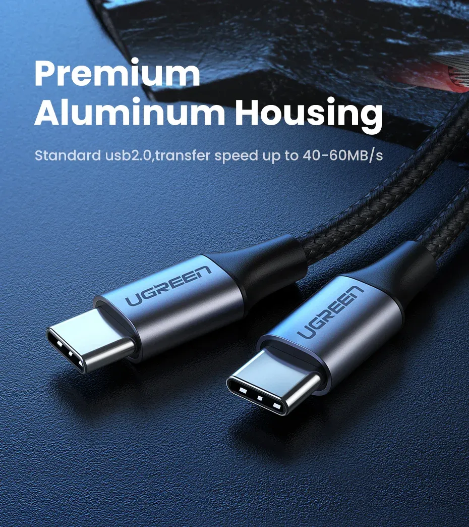 كابل UGREEN USB-C إلى USB-C مضفّر للشحن السريع ونقل البيانات بطول 3 أمتار