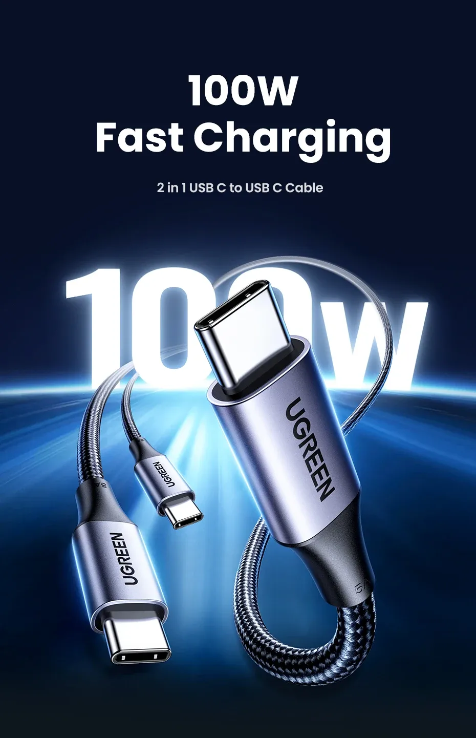 كابل يوغرين ثنائي USB-C بقدرة 100 واط للشحن السريع