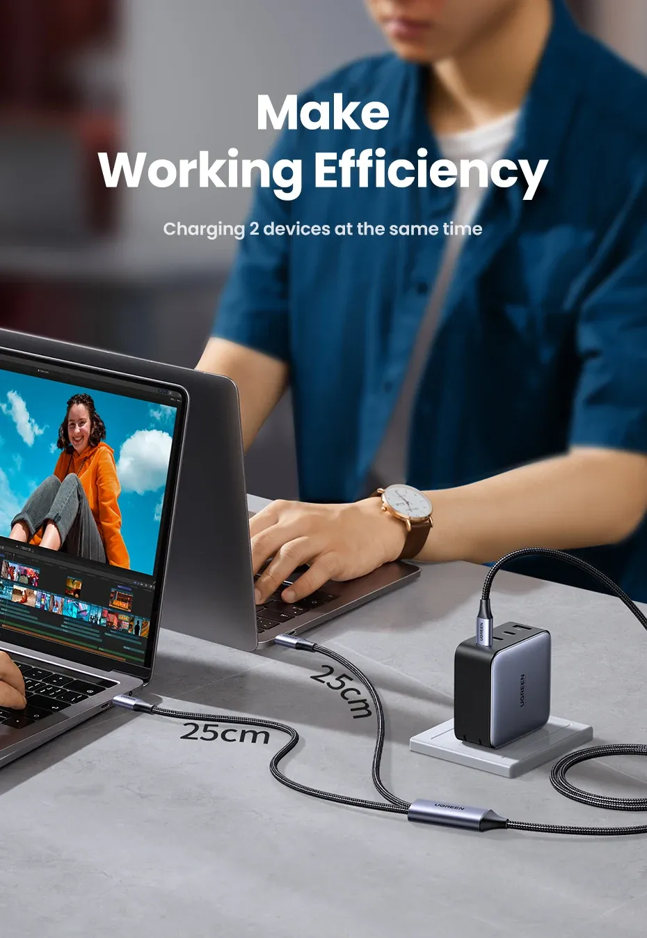 كابل يوغرين ثنائي USB-C بقدرة 100 واط للشحن السريع