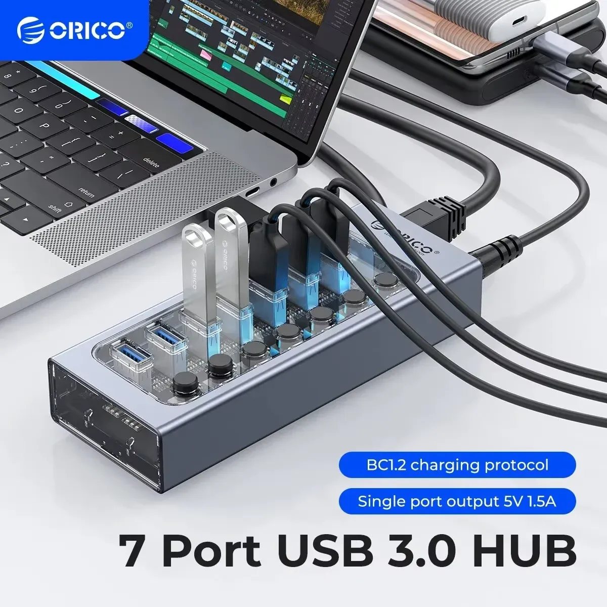 موزّع USB 3.0 مكتبي من ORICO بسبعة منافذ مع مفاتيح مستقلة وتغذية طاقة