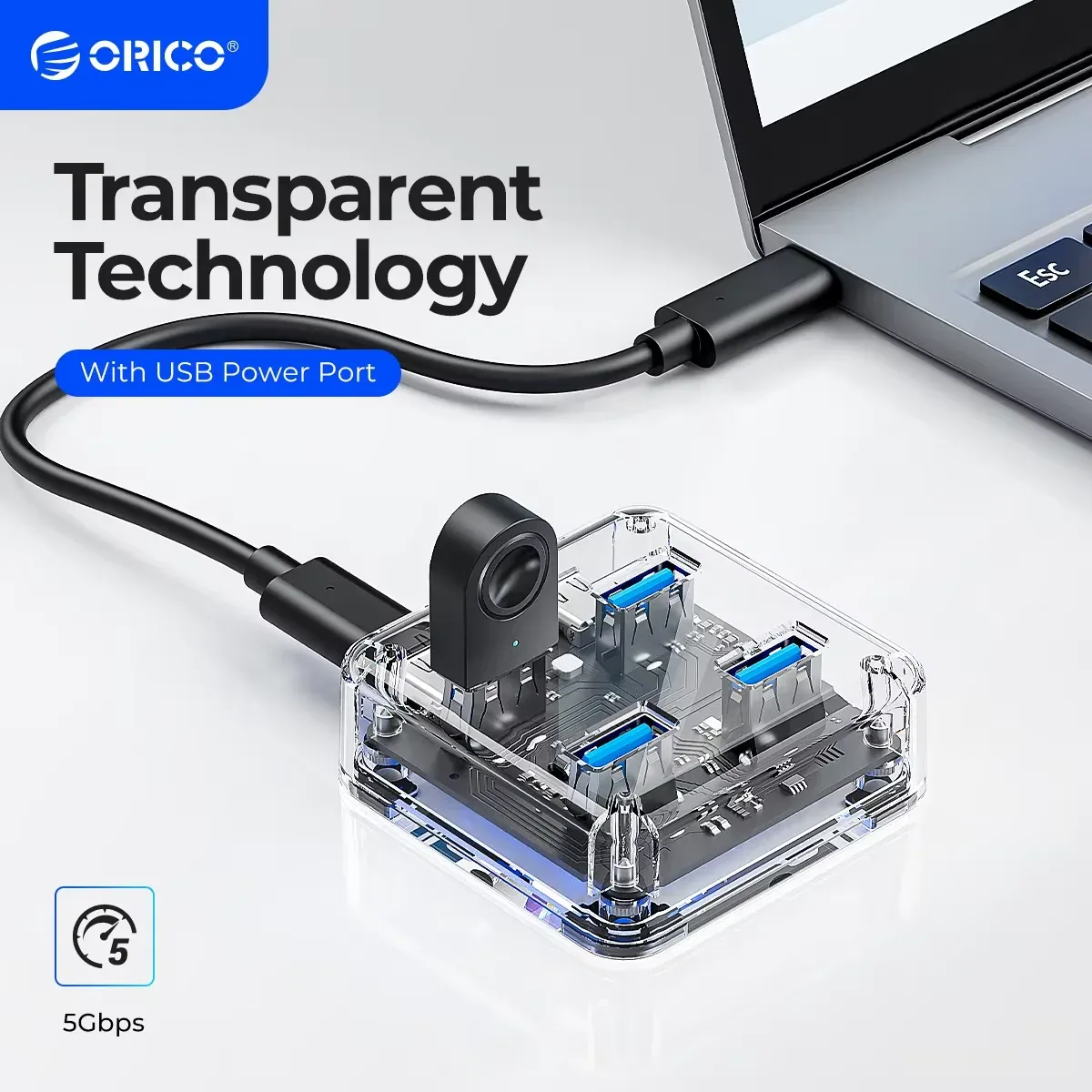 موزّع ORICO شفاف رباعي المنافذ USB 3.0 مع تغذية طاقة