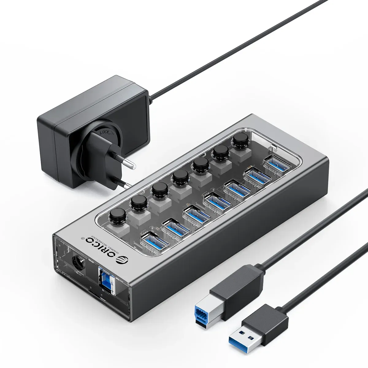 موزّع ORICO شفاف رباعي المنافذ USB 3.0 مع تغذية طاقة