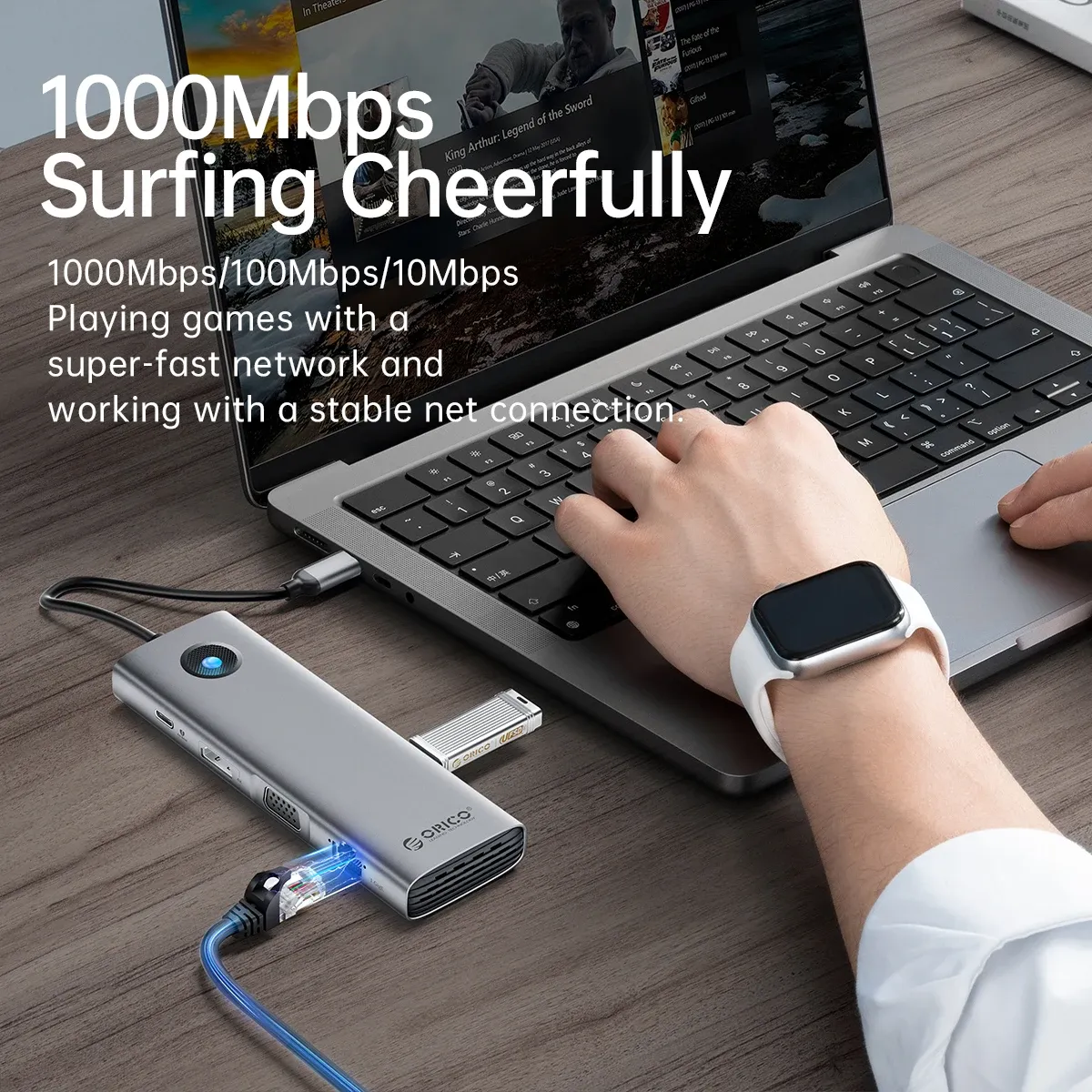 محطة ORICO USB-C متعددة المنافذ للشاشات والشبكة والشحن