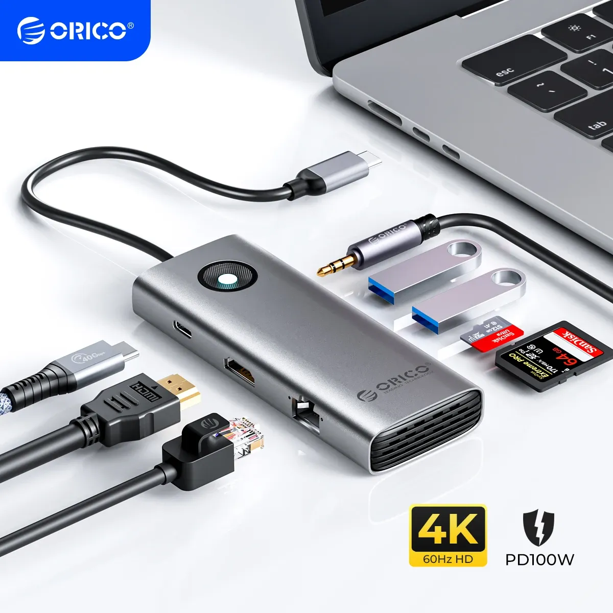 موزّع ORICO USB-C بستة منافذ مع HDMI 4K وشحن PD100W وشبكة RJ45