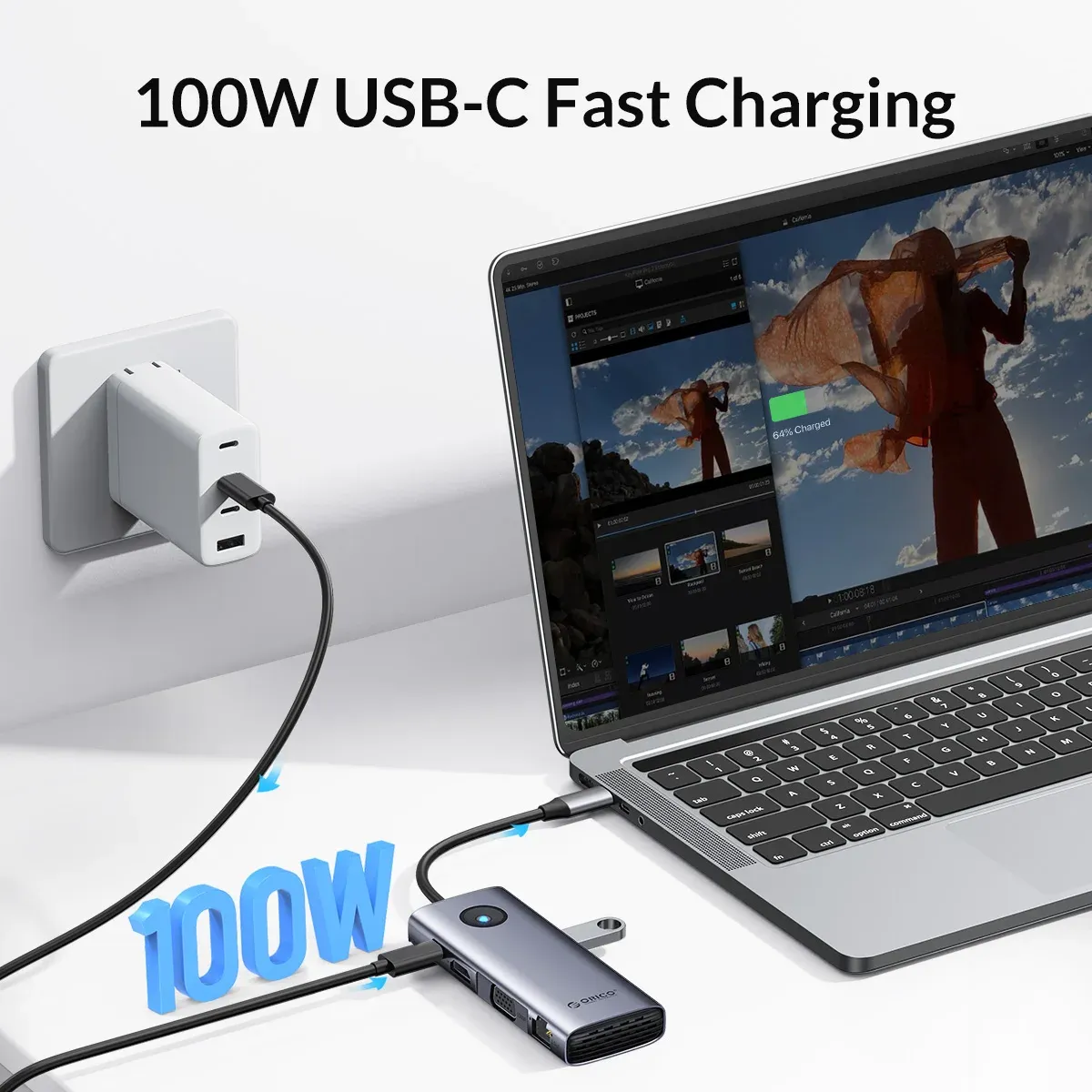 موزّع ORICO USB-C بستة منافذ مع HDMI 4K وشحن PD100W وشبكة RJ45