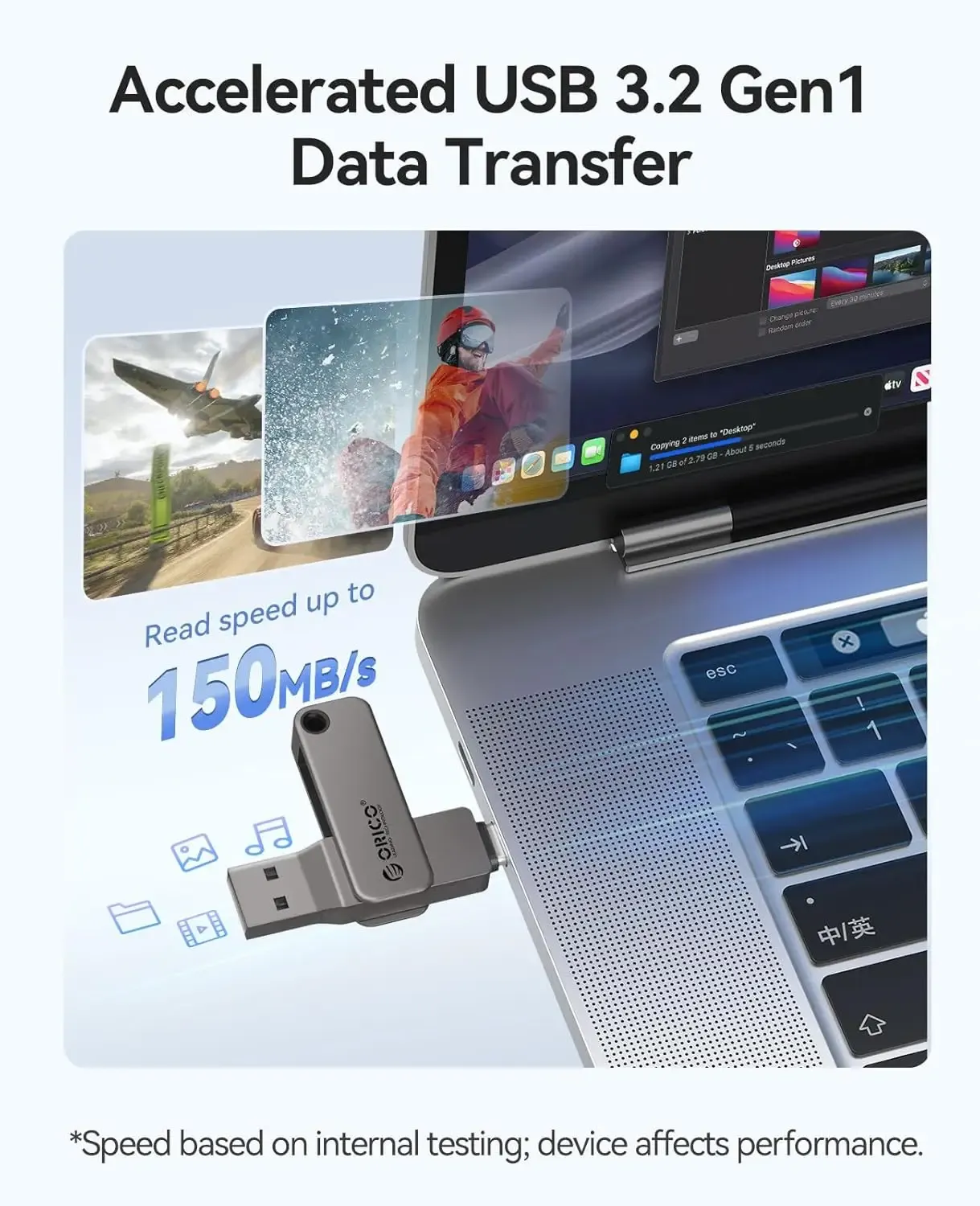 فلاشة ORICO ثنائية المنافذ USB-C وUSB-A بسرعة 150 ميجابايت/ثانية