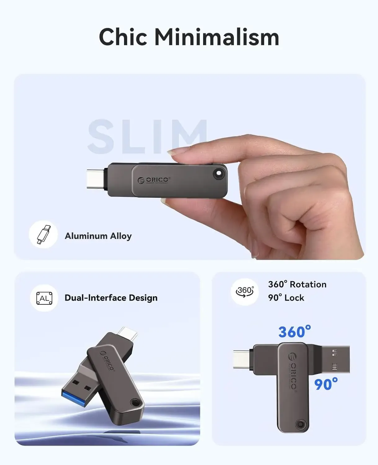 فلاشة ORICO ثنائية المنافذ USB-C وUSB-A بسرعة 150 ميجابايت/ثانية