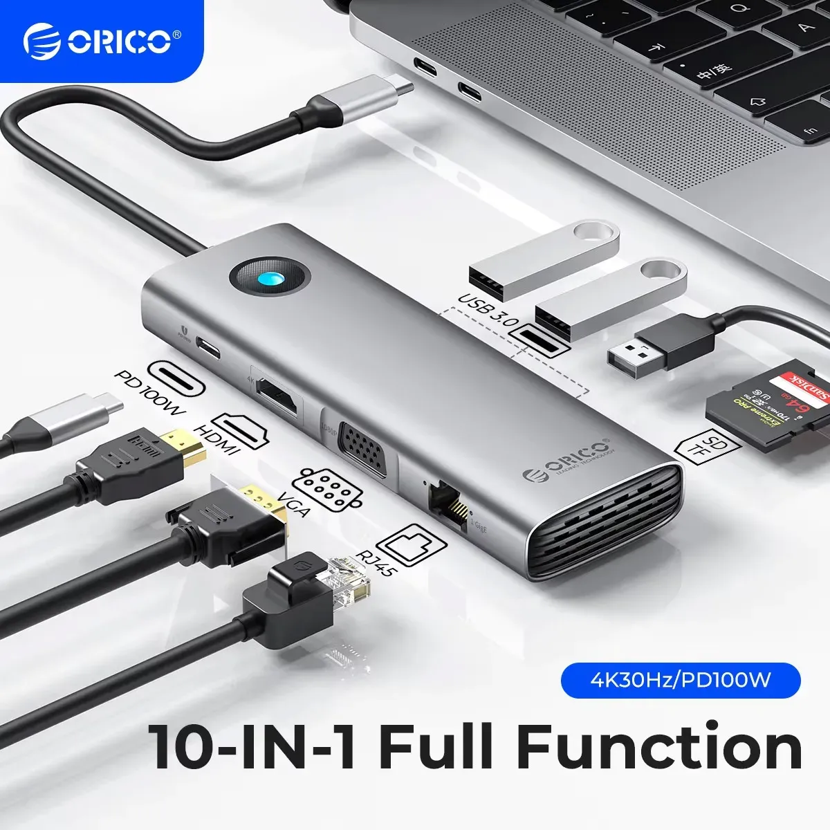 موزّع ORICO USB-C متعدد الوظائف 4K مع شحن سريع وشبكة RJ45